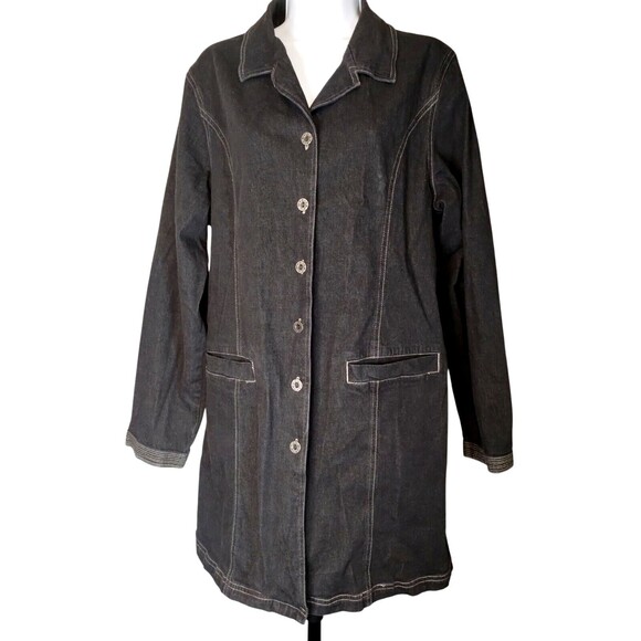 Denim & Co. Women's Trench Coat Metal Buttons Front Pockets Tie Back Large - Picture 2 of 9